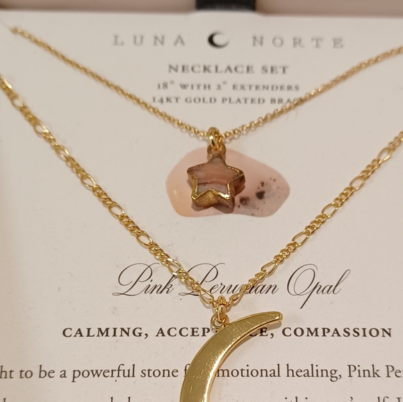 POWER OF TWO Luna Norte Gold plated double Layer Necklaces 1 PINK PERUVIAN OPAL - Picture 4 of 6